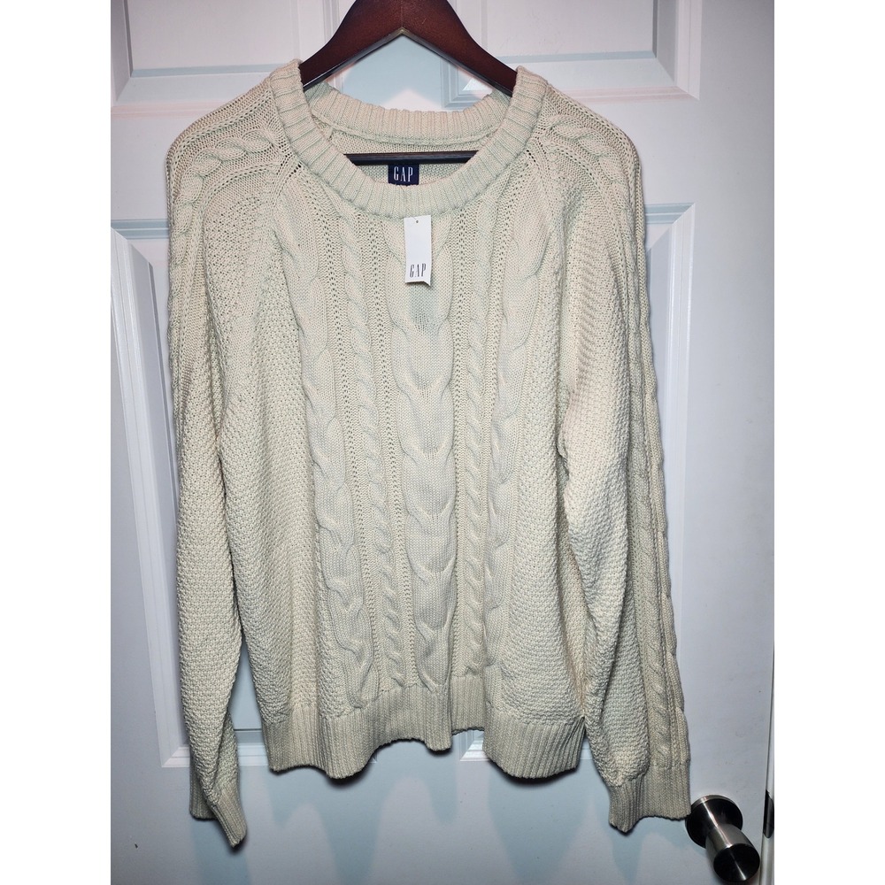 Gap Mens XL Cable Knit Sweater Cream Off White Crew Neck Pullover New Cotton
